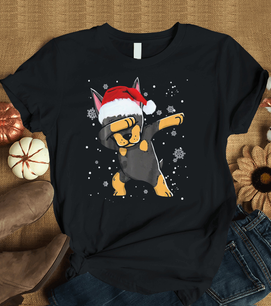 Doberman Dabbing Santa Hat Christmas Snowflakes Dog Love T-Shirt