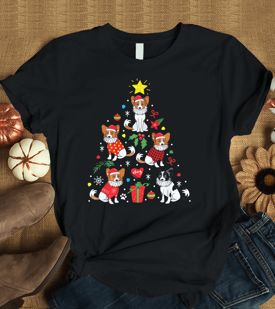 Papillon Dog Christmas Tree Design with Festive Ornaments and Santa Hats T-Shirt