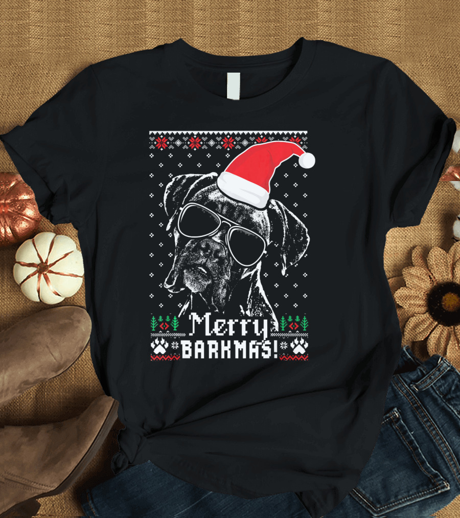 Merry Barkmas Boxer Dog Santa Hat Ugly Christmas T-Shirt