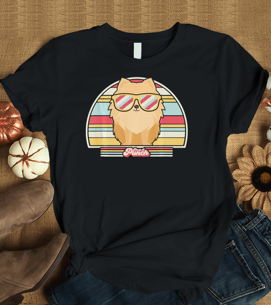Peach of a Punch Pomeranian Retro Style Vintage Stripes Sunglasses T-Shirt