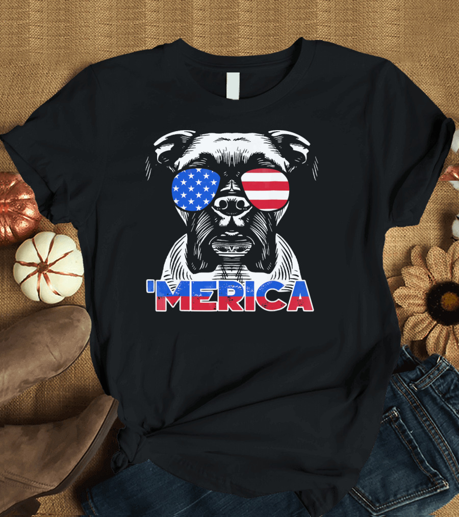 Patriotic Boxer Dog with American Flag Sunglasses 'Merica T-Shirt