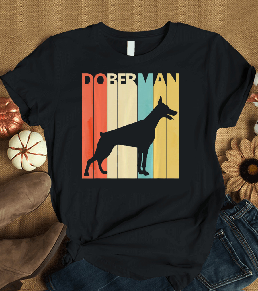 Doberman Silhouette Vintage Stripes Dog Dad Dog T-Shirt