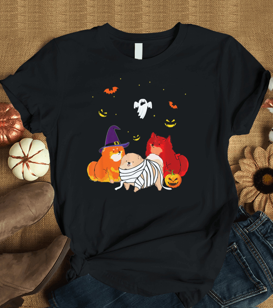 Pomeranian Witch Devil Mummy Ghost Pumpkin Bats T-Shirt