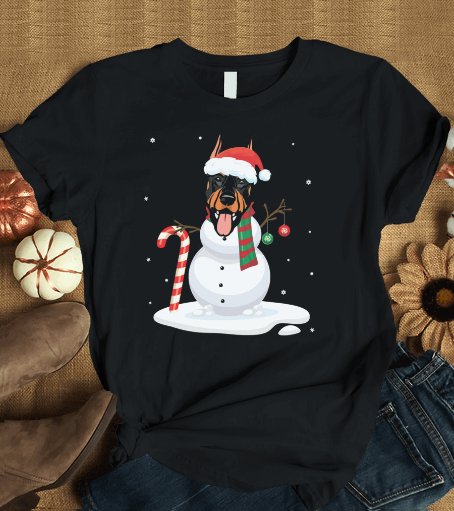 Santa Hat Doberman Snowman with Candy Cane and Noel Ornaments T-Shirt