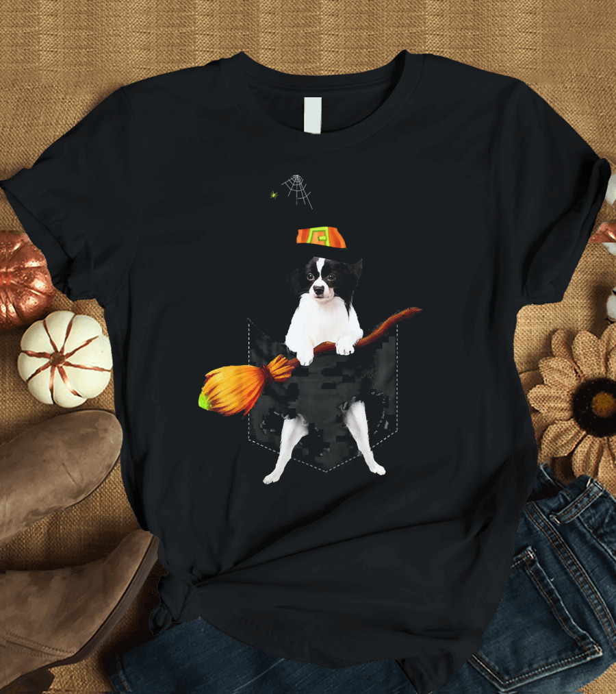Papillon Dog in Witch Hat with Broomstick and Spider Web T-Shirt