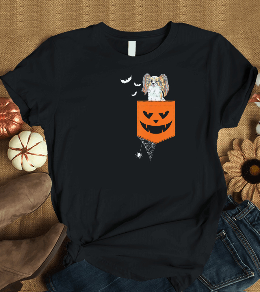 Papillon Halloween Pocket with Jack-O'-Lantern and Spider Web T-Shirt