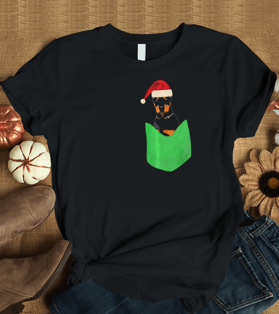 Funny Doberman Christmas Dog In Your Pocket Santa Hat T-Shirt