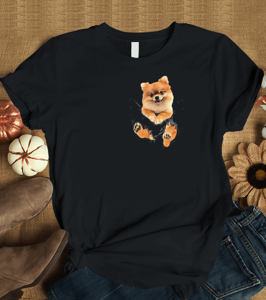 Pomeranian Puppy Peeking from Pocket T-Shirt
