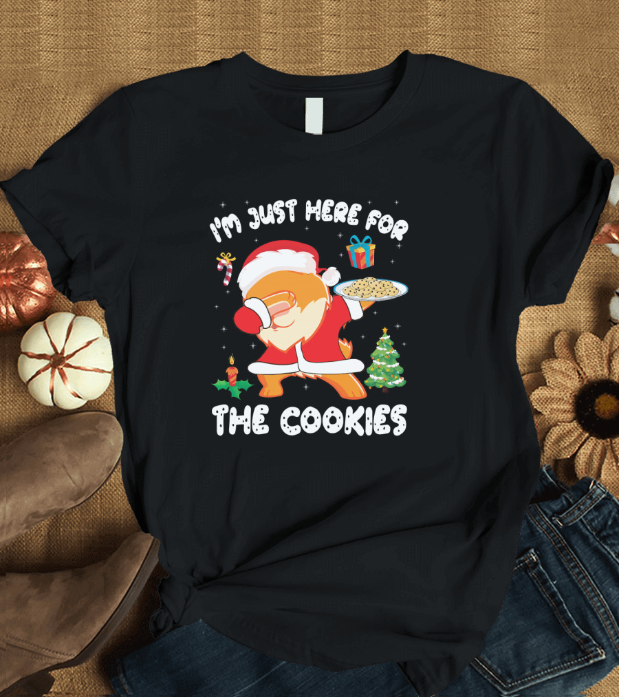 I'm Just Here for the Cookies Pomeranian Dabbing Santa Christmas Tree T-Shirt