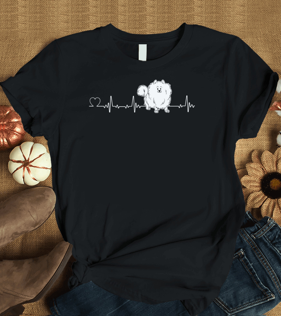 Pomeranian Heartbeat with Heartbeat Line and Heart Image T-Shirt