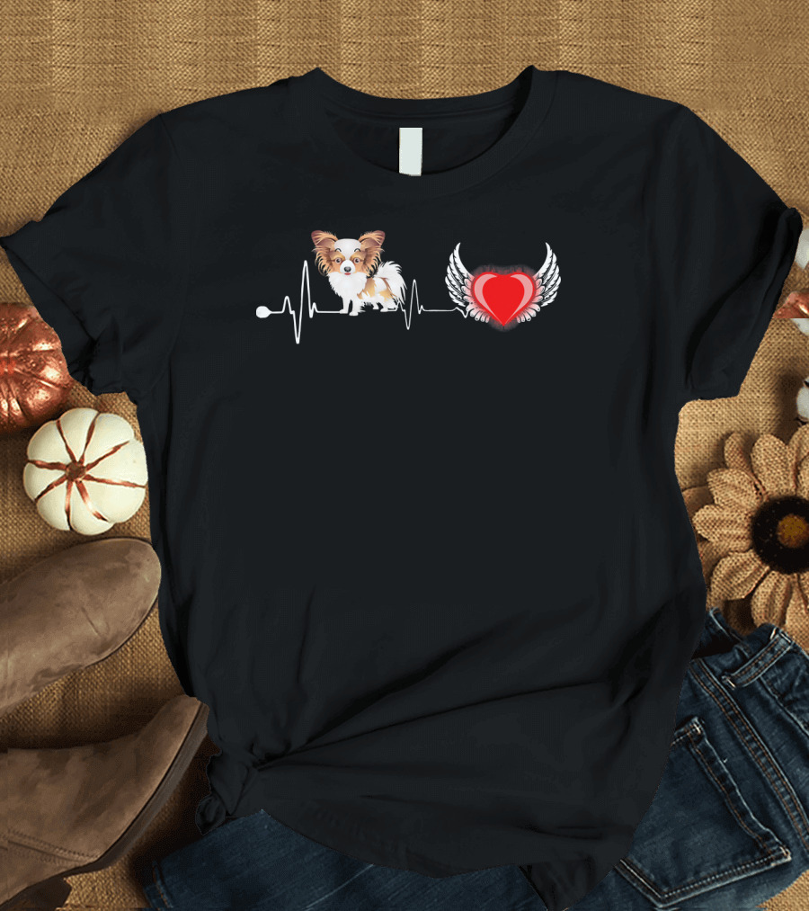 Papillon Dog Heartbeat Winged Heart Funny Dog T-Shirt
