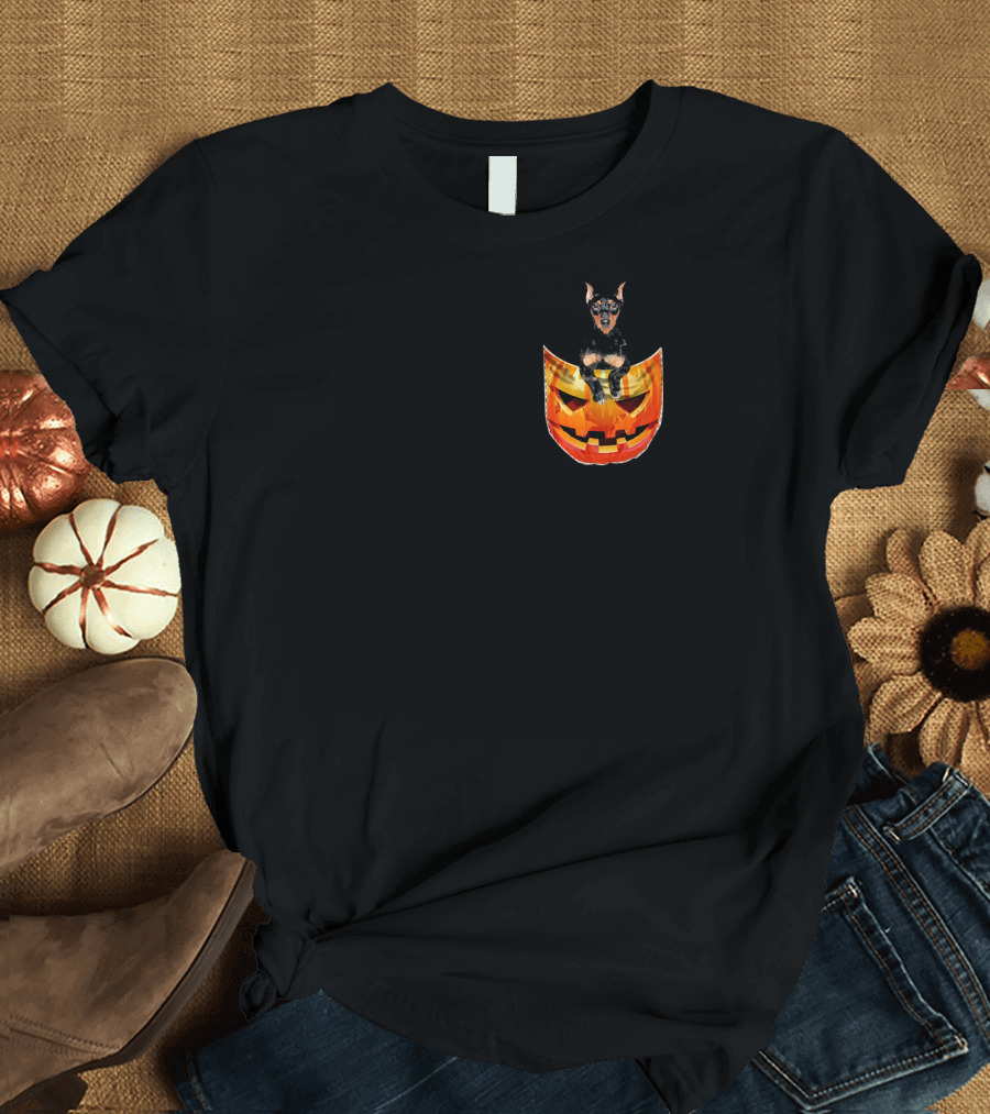Doberman Sitting in Jack-O'-Lantern Pocket Funny Dog Halloween T-Shirt