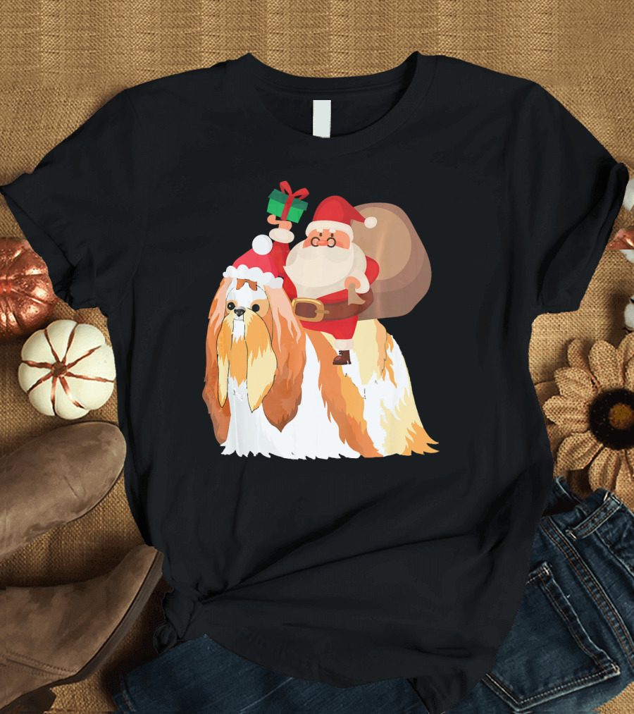 Santa Riding Shih Tzu with Gift and Sack T-Shirt
