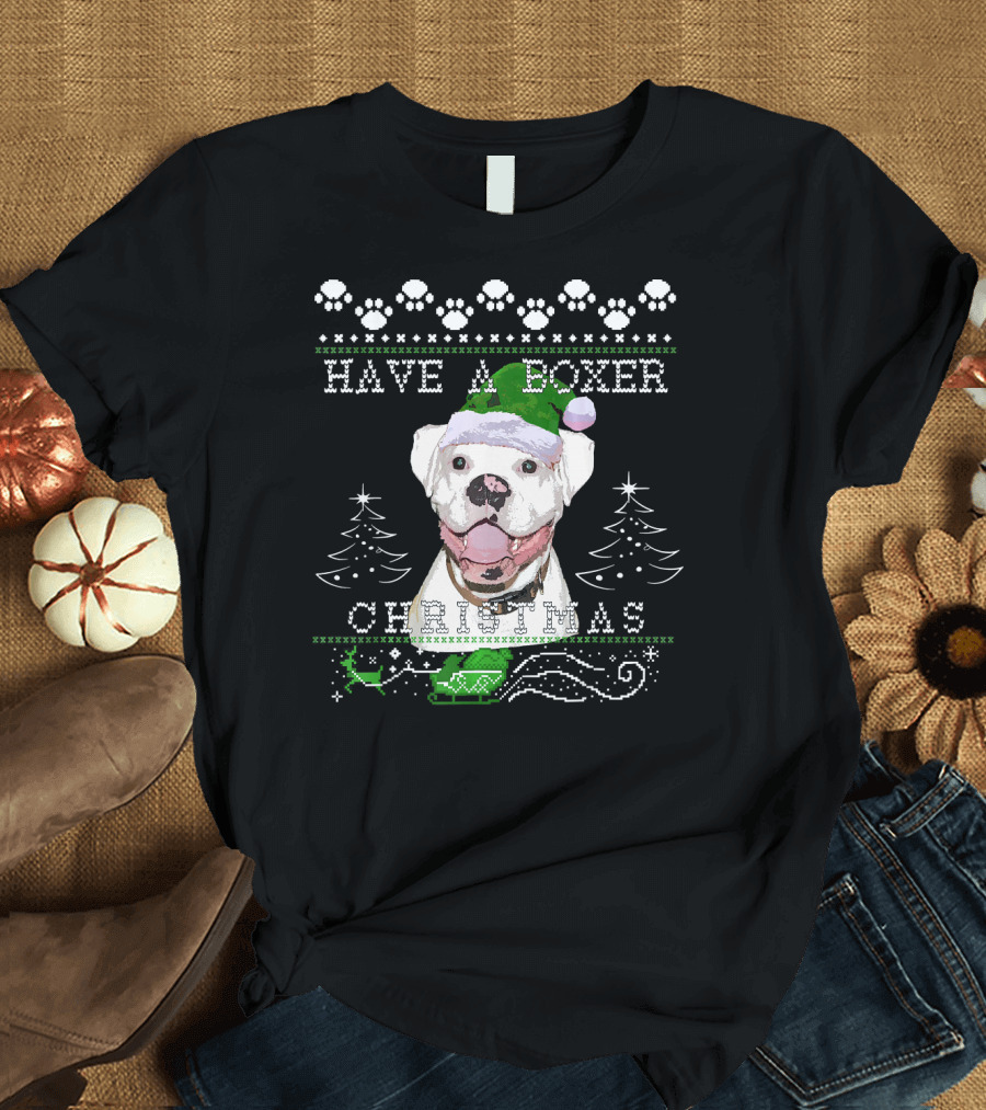 Have a Boxer Christmas White Dog Santa Hat T-Shirt