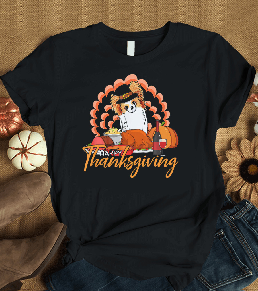 Happy Thanksgiving Funny Papillon with Turkey and Wine T-Shirt