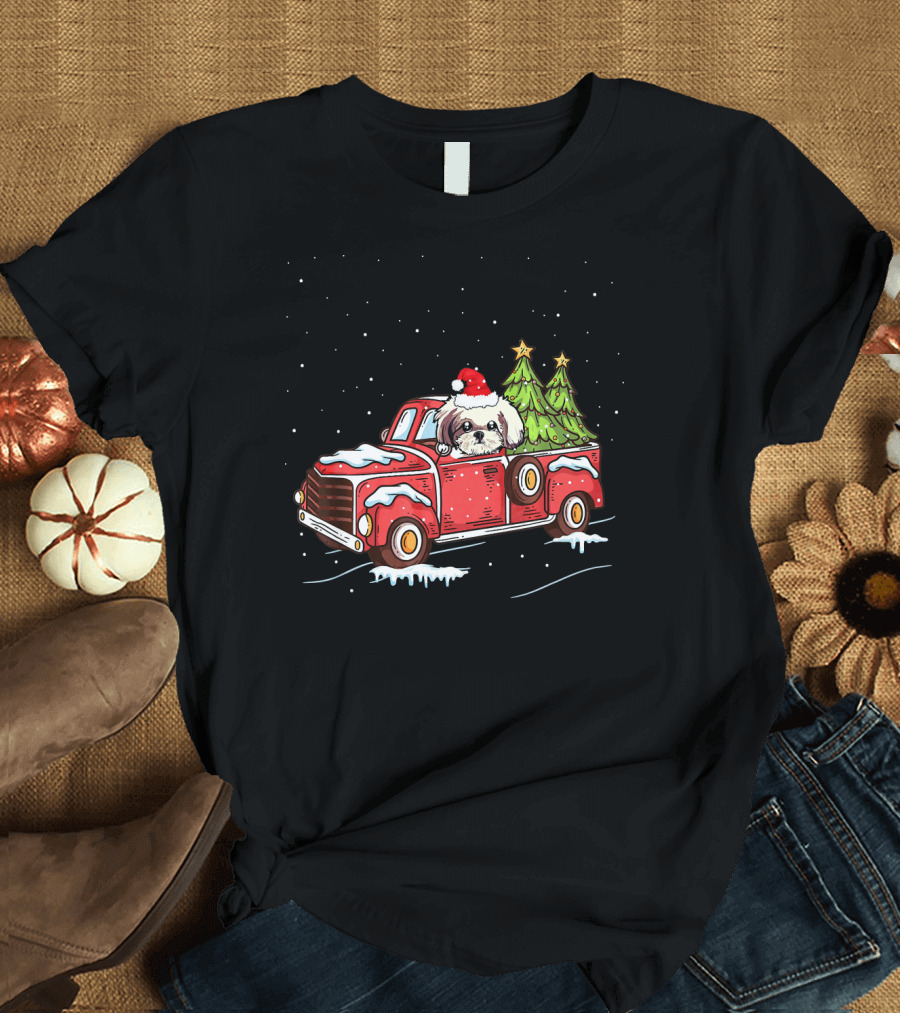 Shih Tzu Santa Hat Christmas Trees in Red Truck Snow Scene T-Shirt