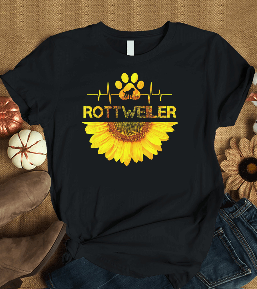 Rottweiler Paw Heartbeat Sunflower T-Shirt