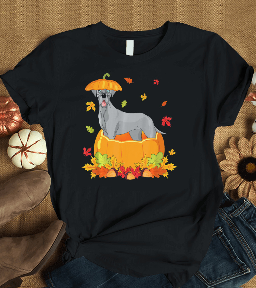 Thanksgiving Great Dane in Pumpkin with Autumn Leaves and Acorns T-Shirt