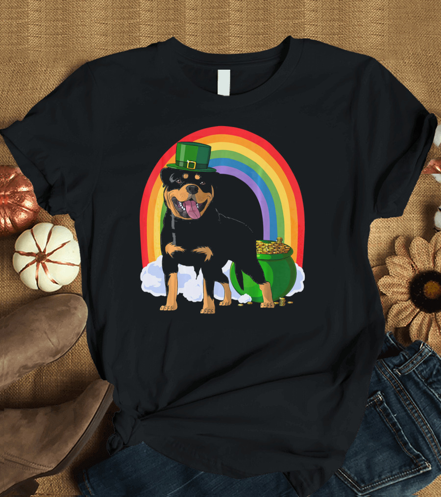 Rottweiler Leprechaun with Rainbow and Pot of Gold St Patricks Day T-Shirt