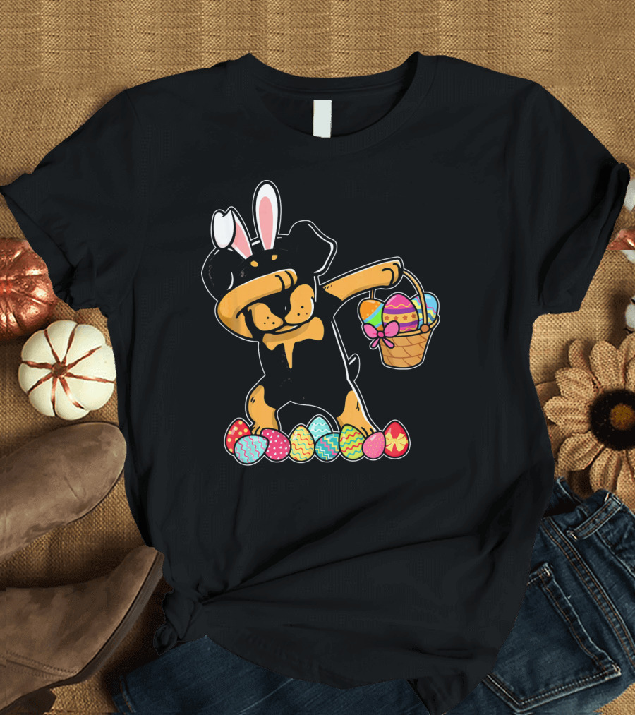 Rottweiler Dabbing with Easter Bunny Ears and Egg Basket T-Shirt