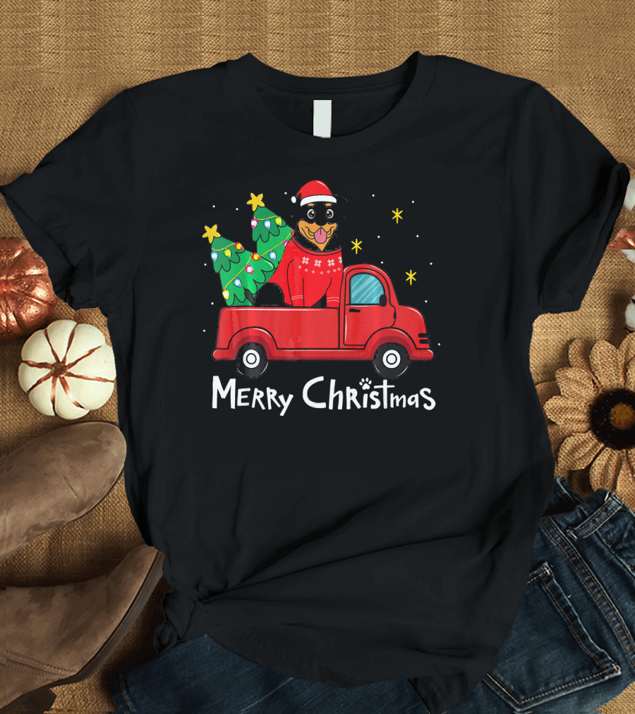 Rottweiler Christmas Santa Truck with Trees Merry Christmas T-Shirt