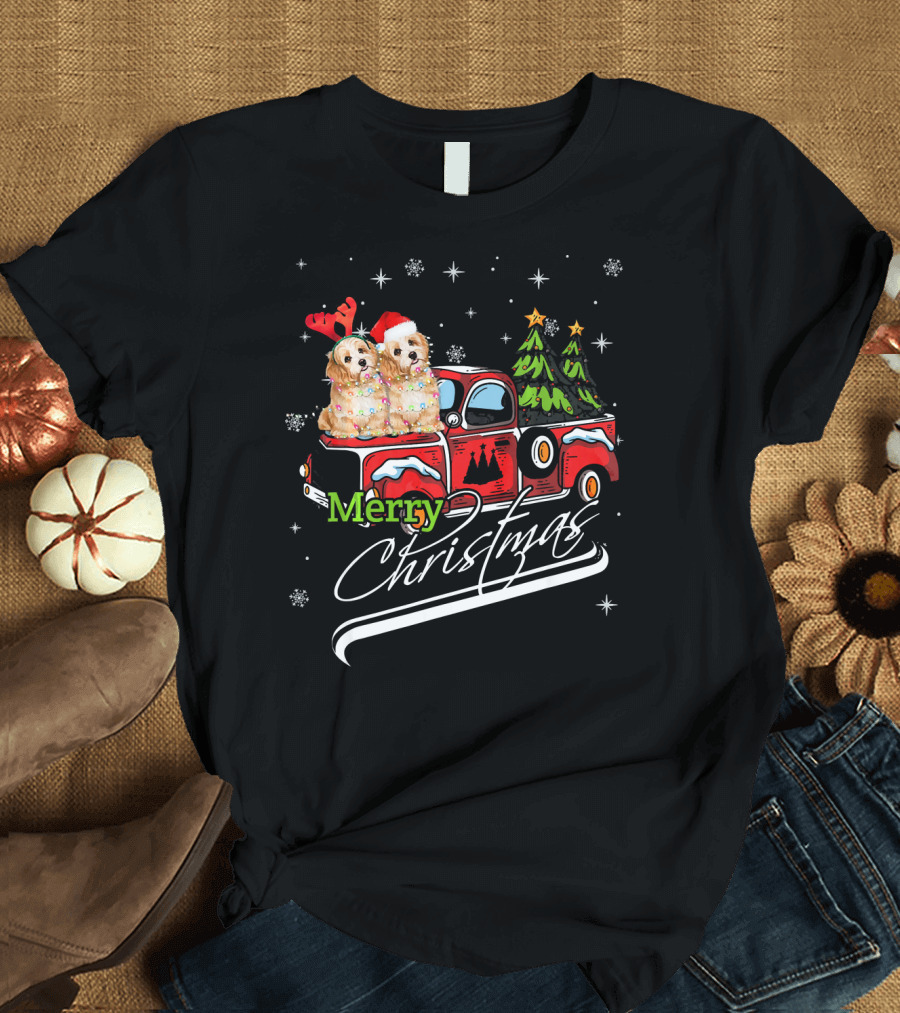 Merry Christmas Cute Shih Tzu on Red Truck with Christmas Trees T-Shirt