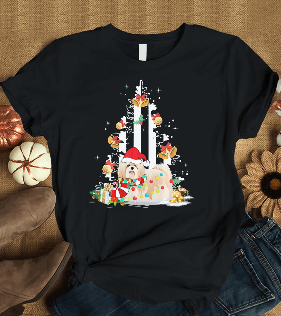 Shih Tzu Santa Hat USA Flag Christmas Tree Decorations T-Shirt