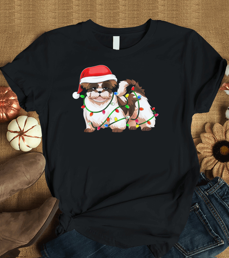 Shih Tzu in Christmas Santa Hat with Holiday Lights T-Shirt