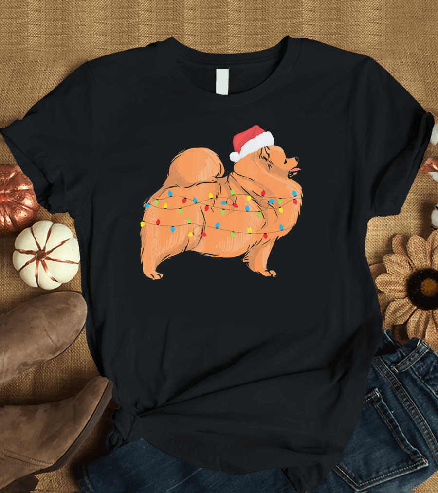 Santa Pomeranian with Christmas Lights Holiday T-Shirt