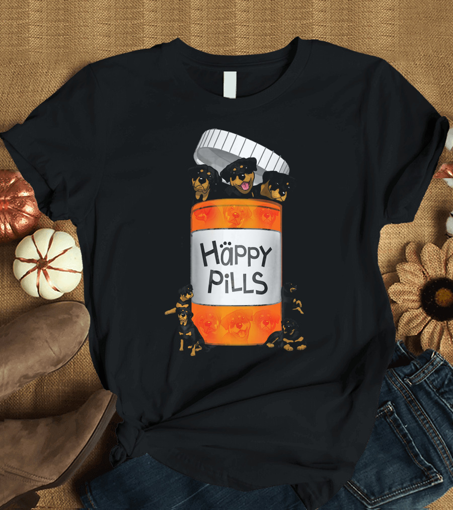 Rottweiler Puppy Happy Pills Container with Playful Dogs T-Shirt