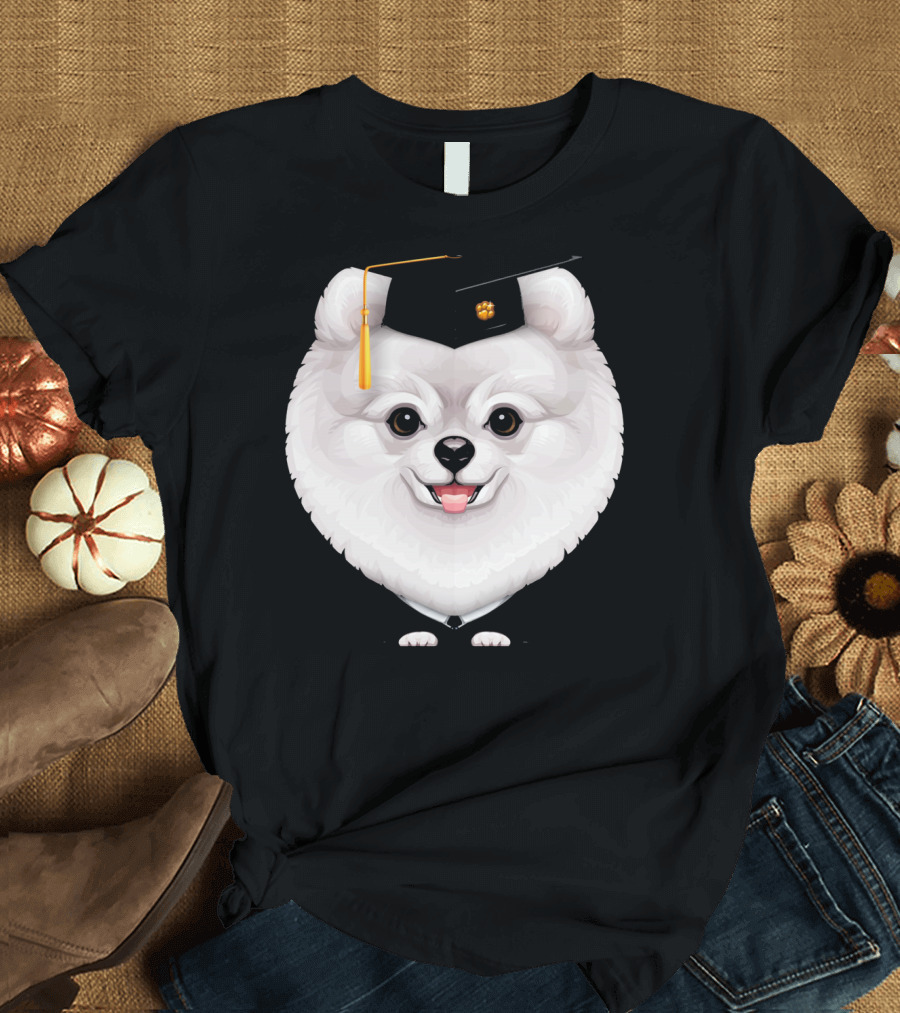 White Pomeranian Graduation Cap with Paw Print Tassel T-Shirt