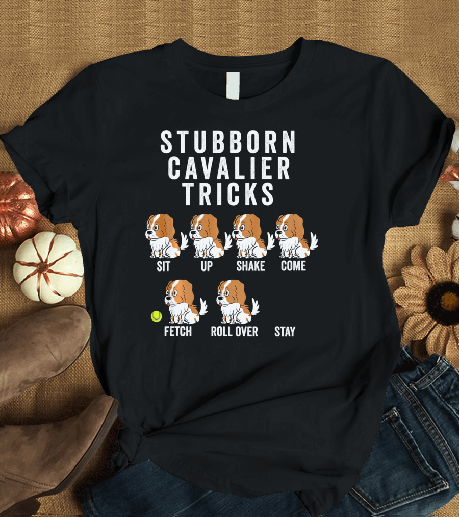 STUBBORN CAVALIER TRICKS SIT UP SHAKE COME FETCH ROLL OVER STAY T-Shirt
