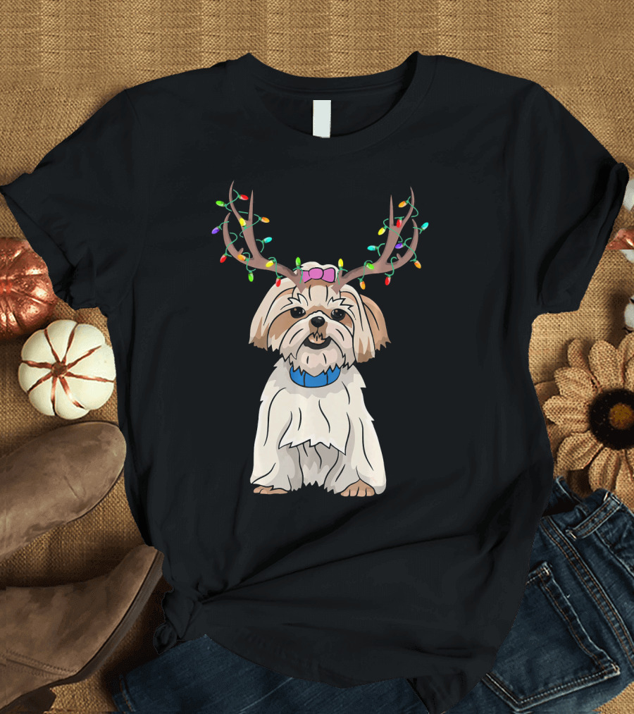 Shih Tzu Reindeer Horn Christmas Lights Funny Family Matching T-Shirt