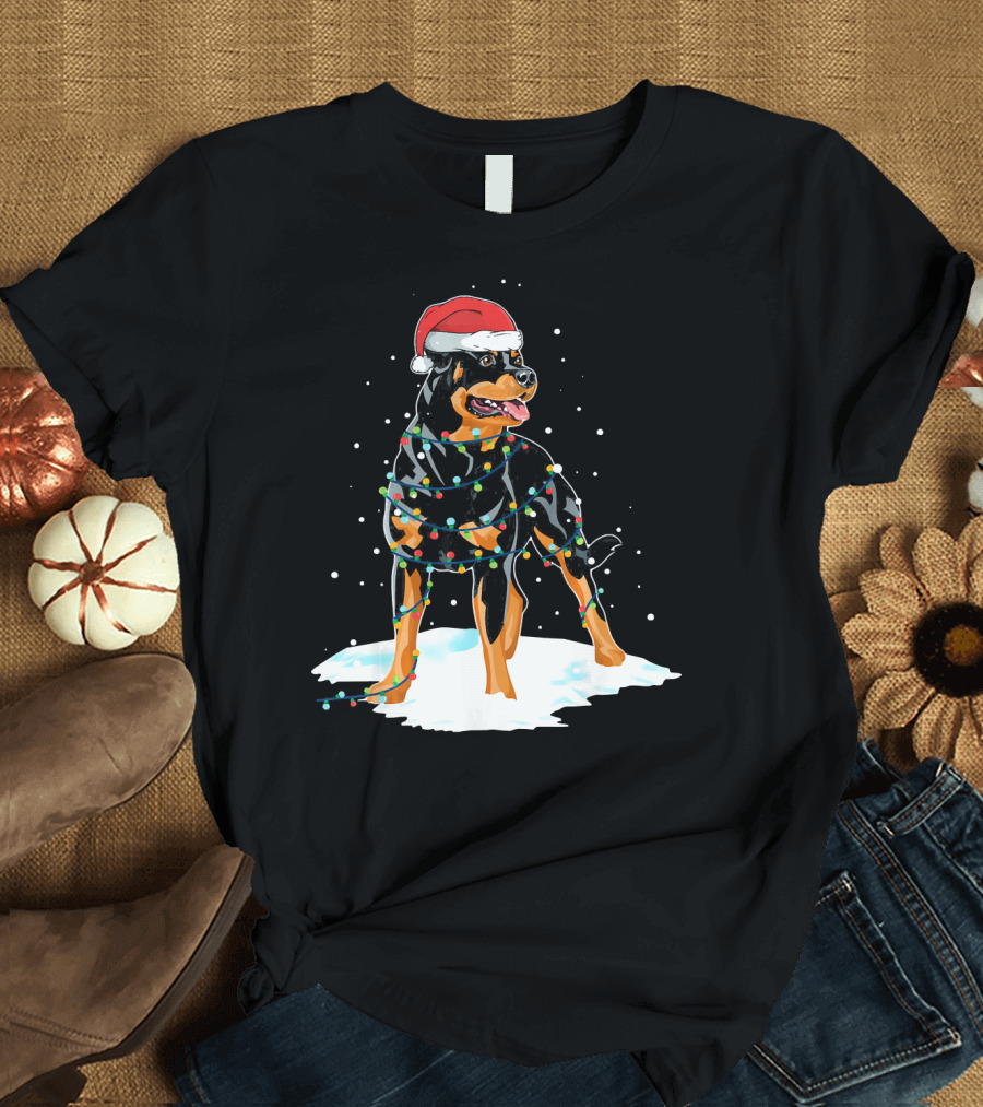 Rottweiler Santa Wrapped in Christmas Lights on Snow T-Shirt