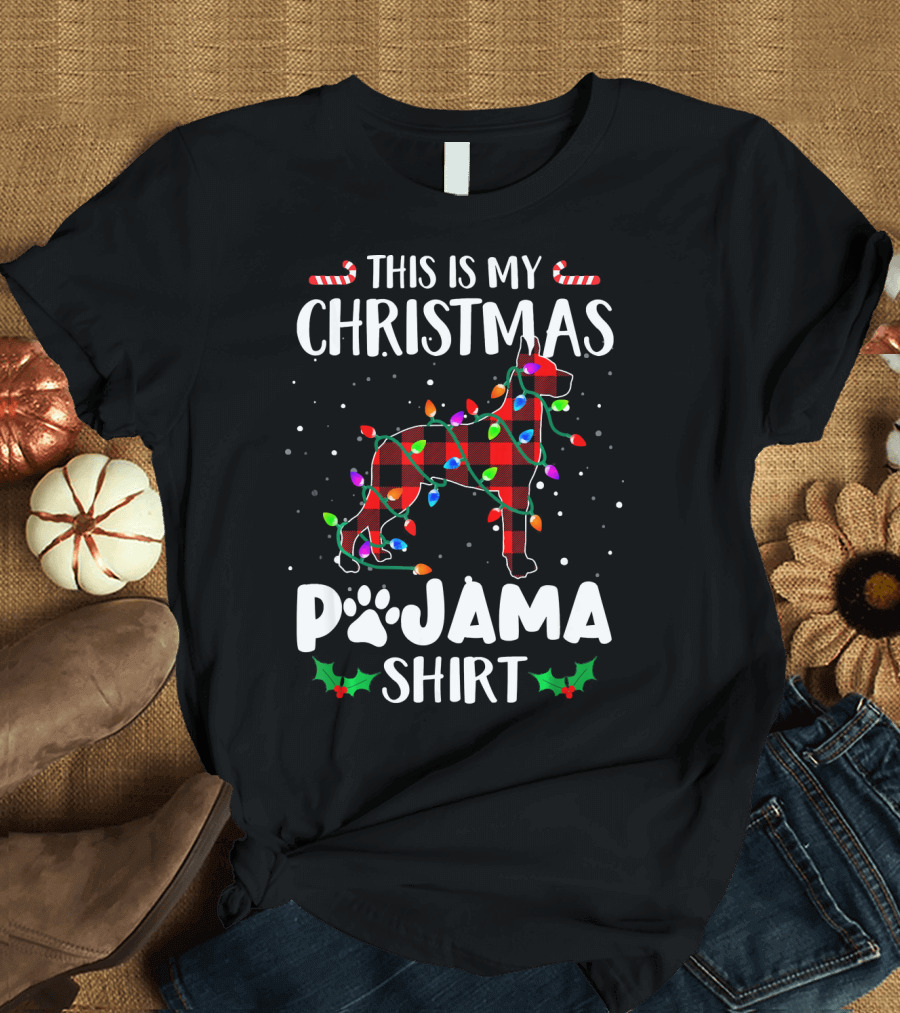 This Is My Christmas Pajama Shirt Great Dane Lights Plaid T-Shirt