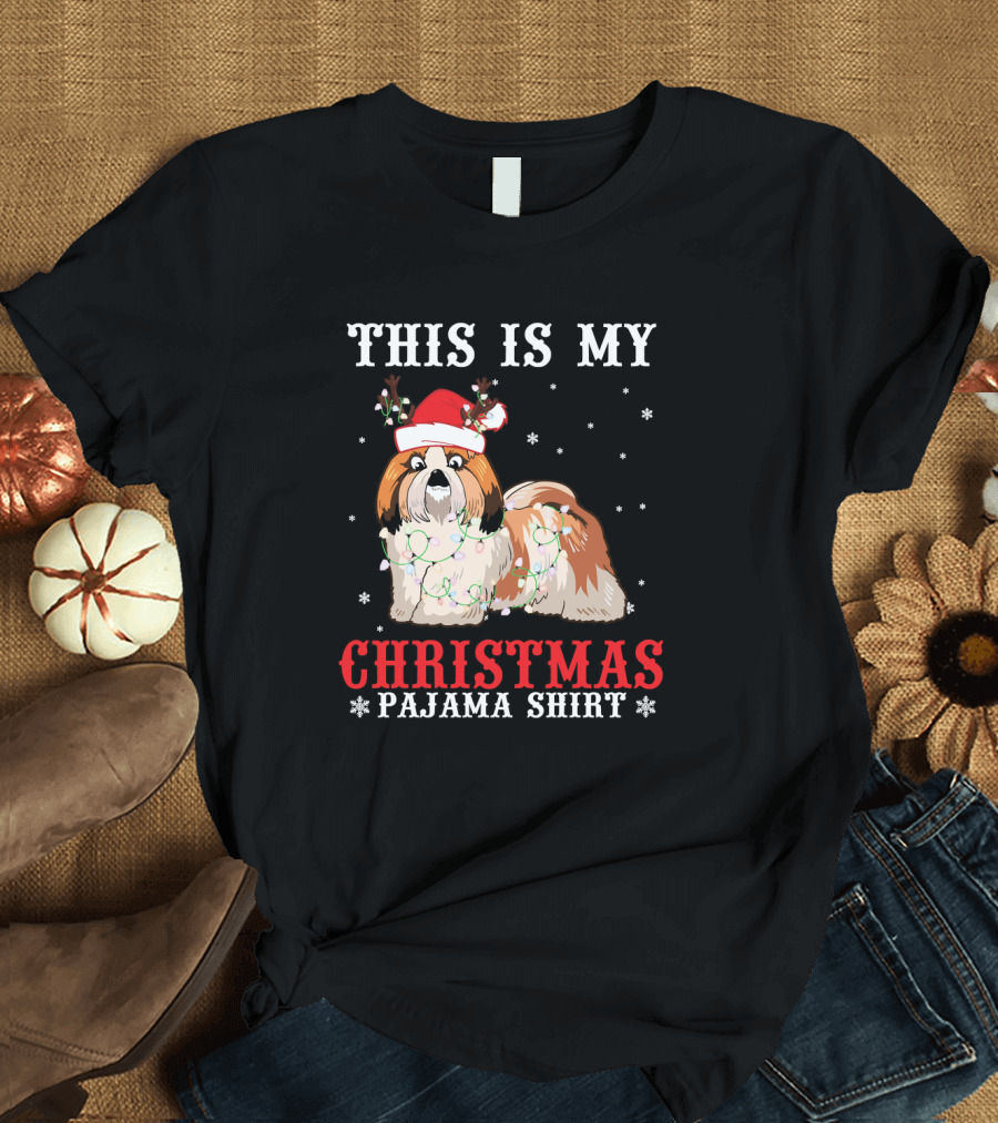 This Is My Christmas Pajama Shirt Shih Tzu Reindeer Hat Light Snow T-Shirt
