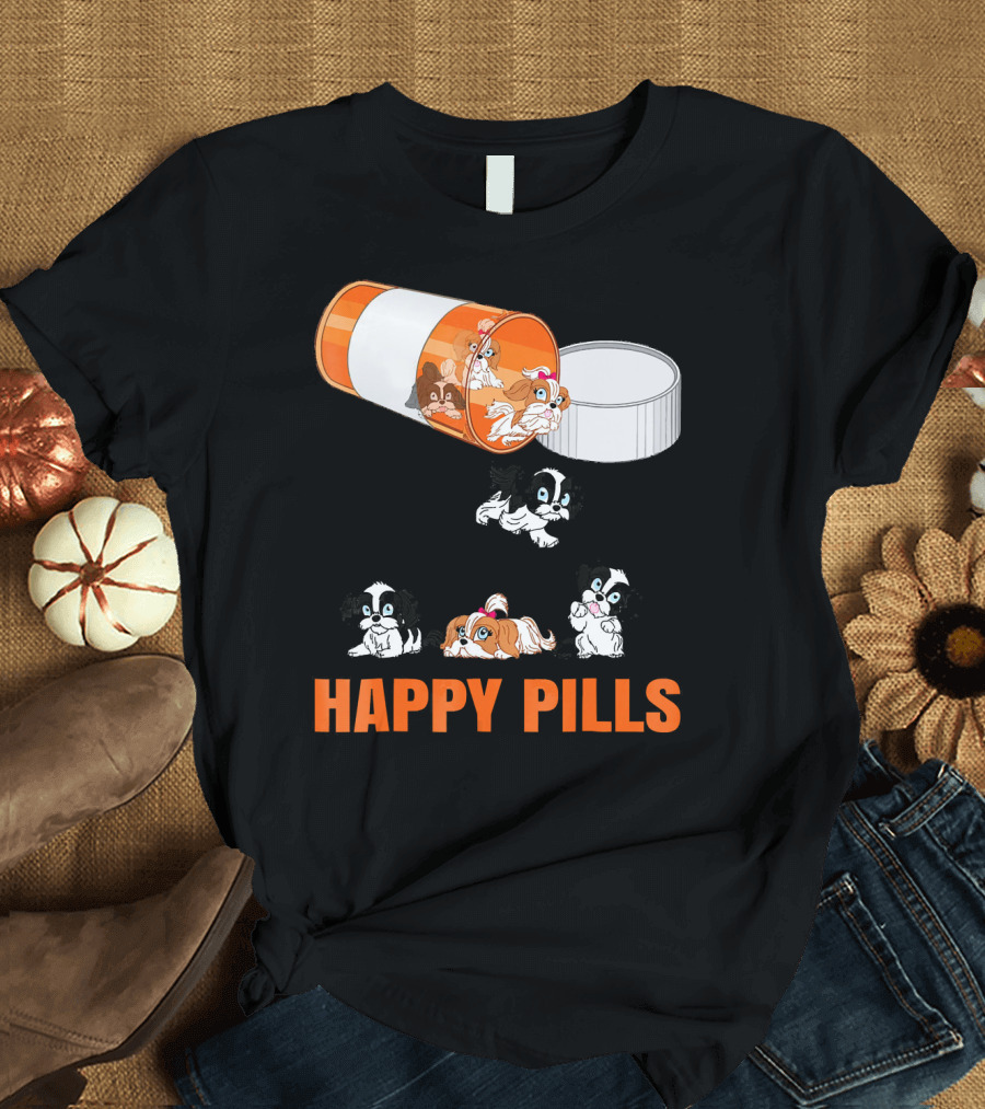 Shih Tzu Dogs in Happy Pills Cartoon Medicine Capsule Fun T-Shirt