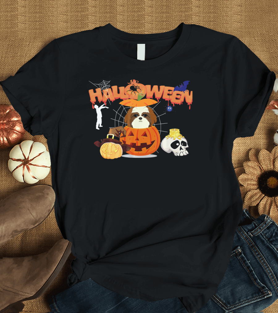 Halloween Shih Tzu Dog Pumpkin Witch Skull Zombie T-Shirt