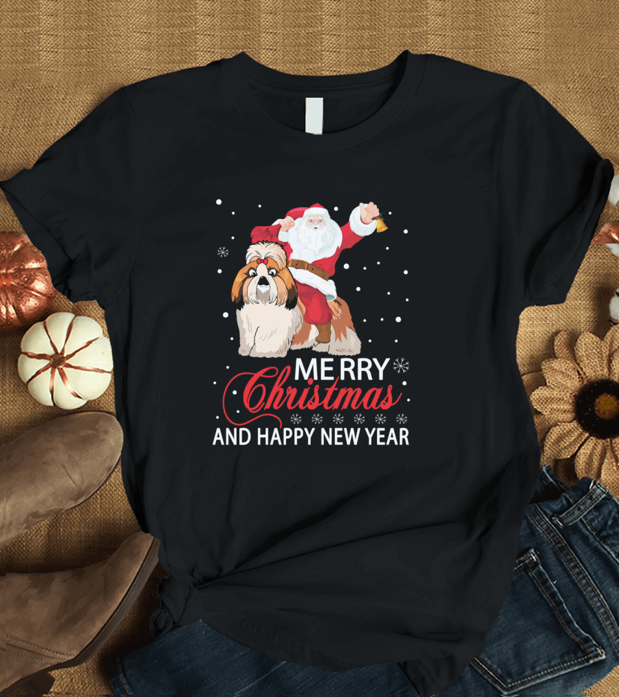 Santa Riding Shih Tzu Merry Christmas and Happy New Year T-Shirt