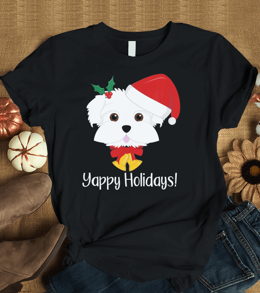 Yappy Holidays Cute Funny Maltese Dog in Santa Hat with Holly T-Shirt