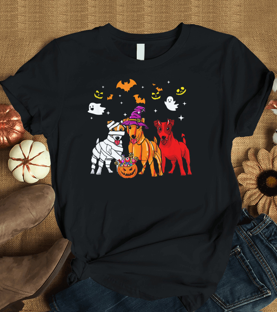 Three Jack Russell Dogs Halloween Costumes Bats Ghosts Pumpkins T-Shirt