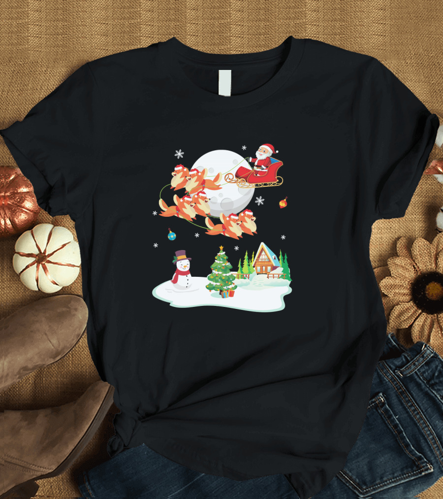 Santa Sleigh With Pomeranian Reindeer Snowman By Christmas Tree Scene T-Shirt