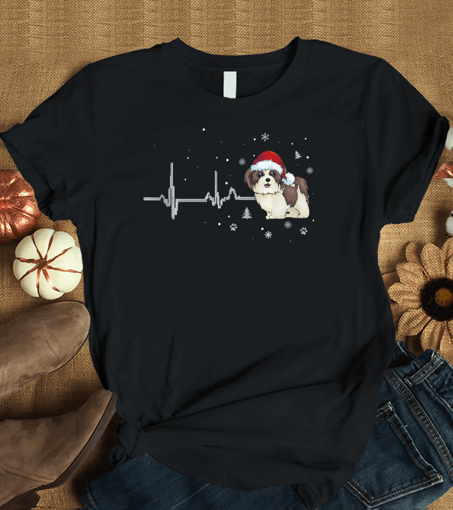 Shih Tzu Heartbeat Funny Christmas Dog with Santa Hat and Snowflakes T-Shirt