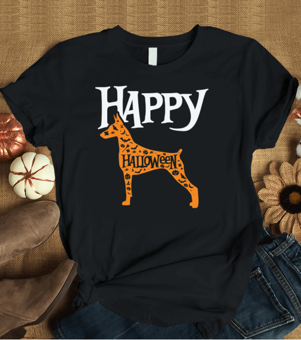 T-Shirt: Happy Halloween Doberman Silhouette with Pumpkin T-Shirt Happy Halloween Doberman Silhouette with Pumpkin T-Shirt