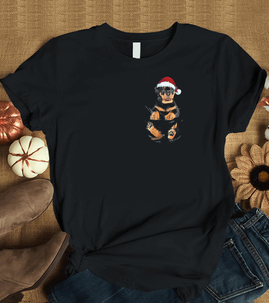 Rottweiler Puppy in Inside Pocket with Santa Hat T-Shirt