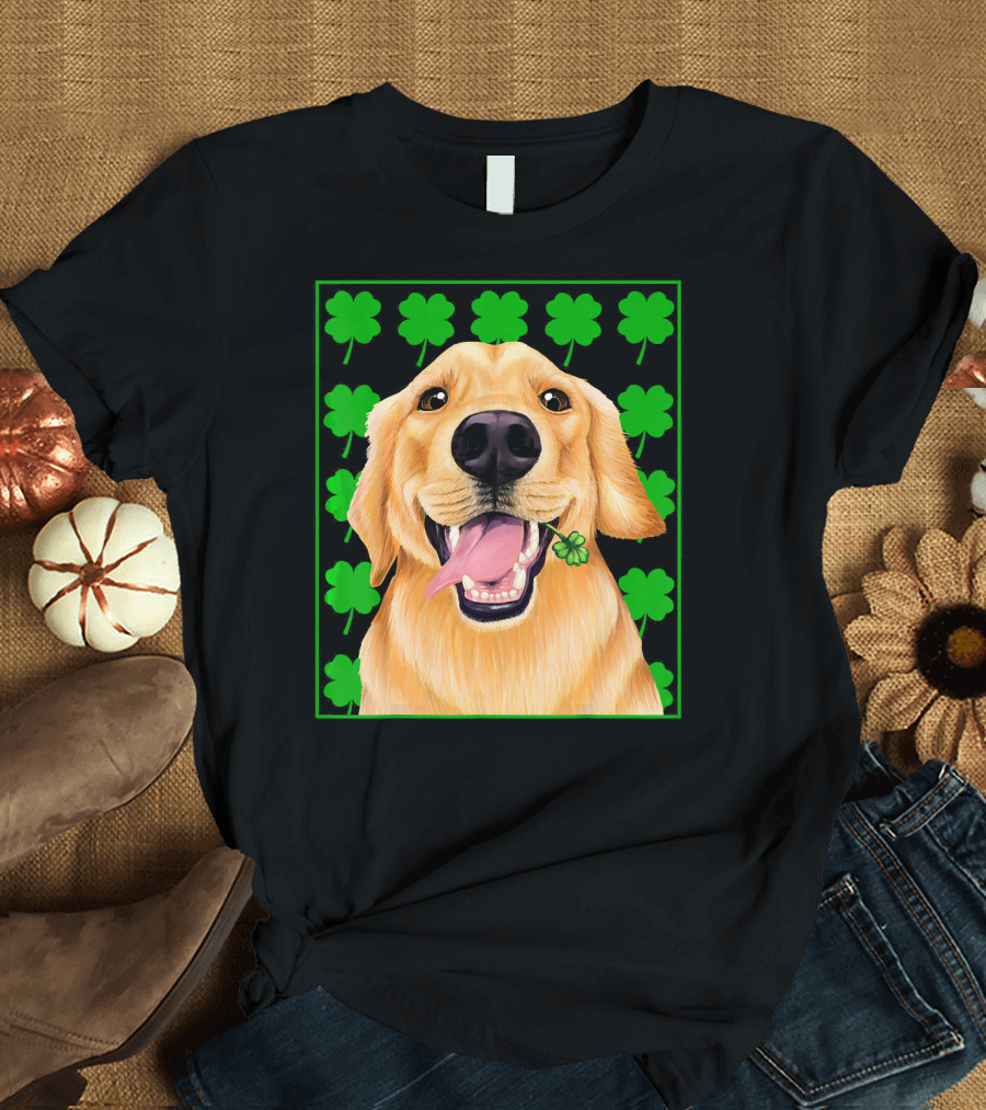 Golden Retriever St. Patricks Day Clover Background T-Shirt