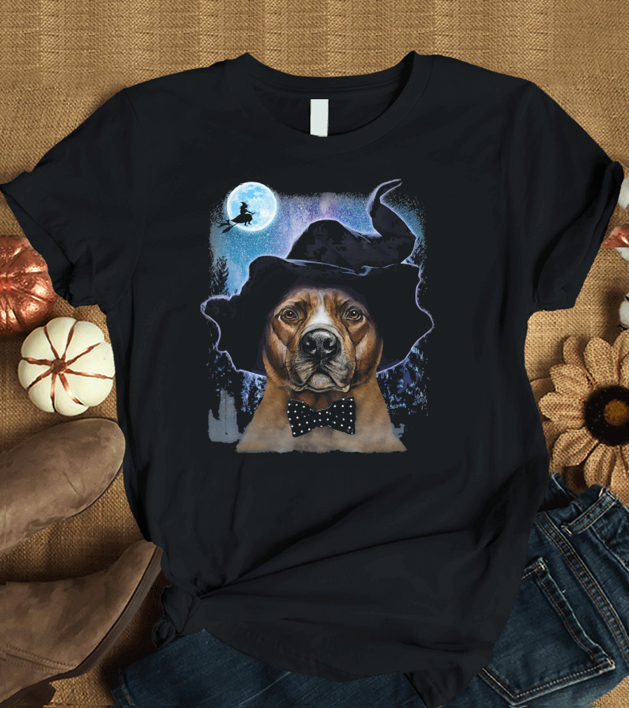 Brown Pit Bull Wearing Witch Hat with Polka Dot Bow Tie and Spooky Moonlit Forest T-Shirt