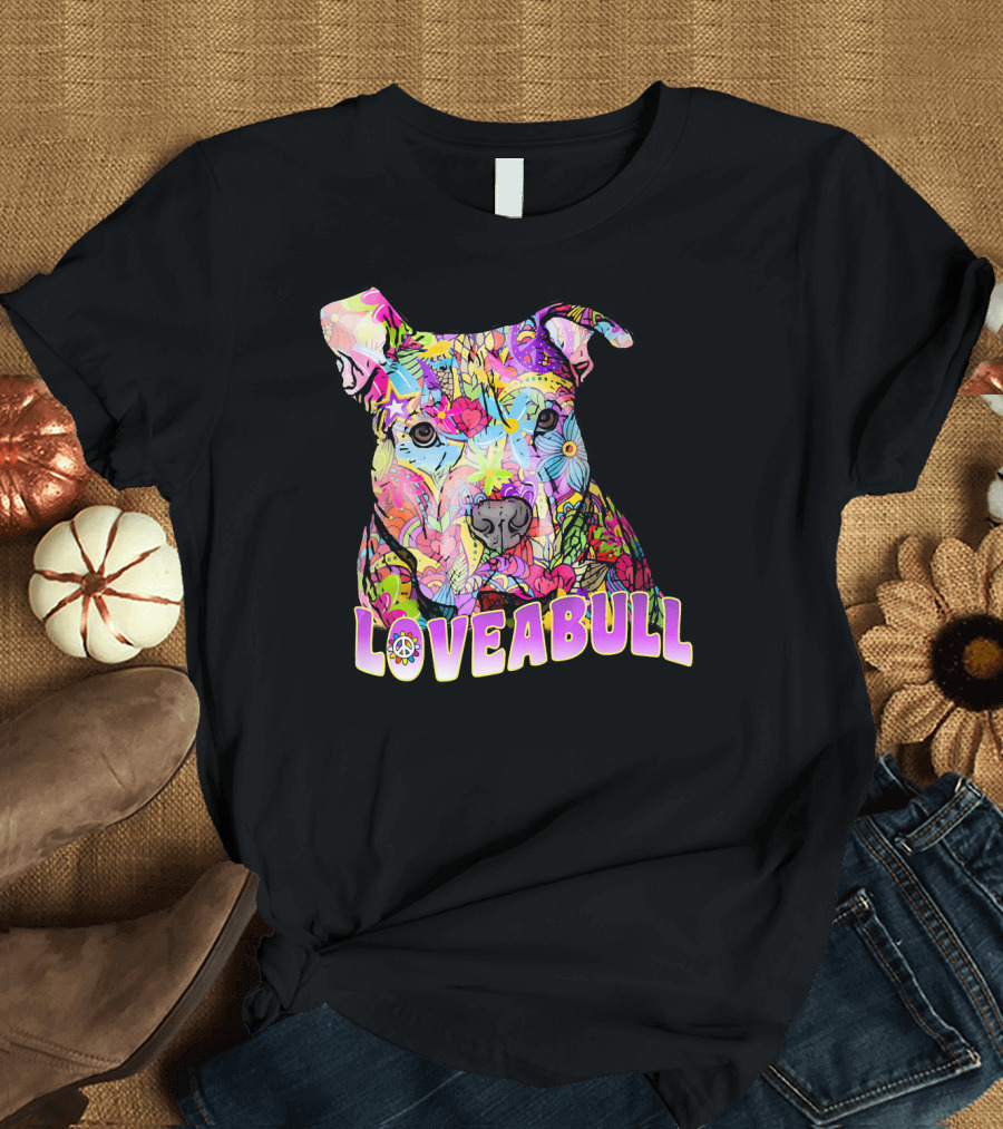 LOVEABULL Colorful Pitbull with Peace T-Shirt