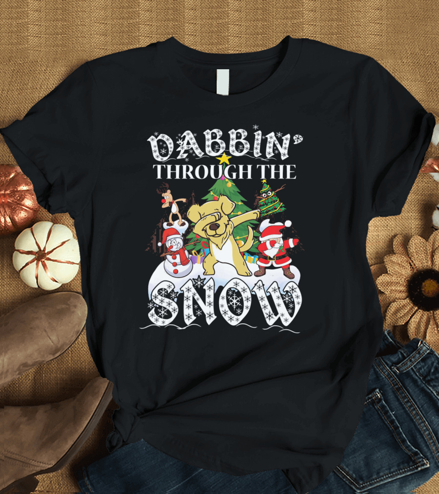 Dabbin' Through The Snow Golden Retriever Christmas Santa Reindeer Snowman T-Shirt