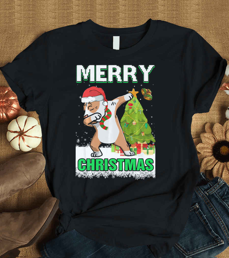 Merry Christmas Cute Pit Bull Claus Dabbing with Tree and Gifts T-Shirt